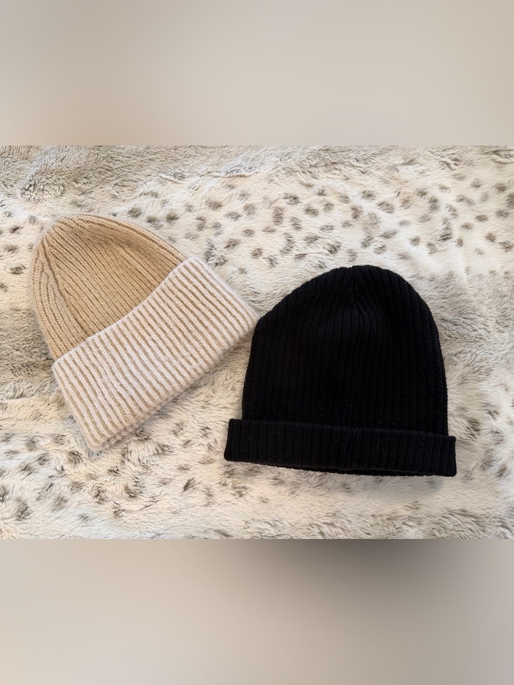 Neutral Ribbed Knit Beanie Set Black Oatmeal Cuffed Slouchy Winter Hats